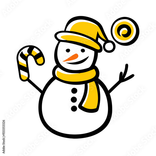 A cheerful snowman dons a yellow hat and scarf, holding a candy cane in one hand while balancing a swir