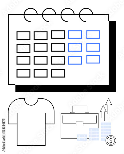 Calendar with nine blue-highlighted days, white T-shirt, briefcase, and financial growth icons. Ideal for business planning, apparel production, financial forecasting, scheduling, retail marketing