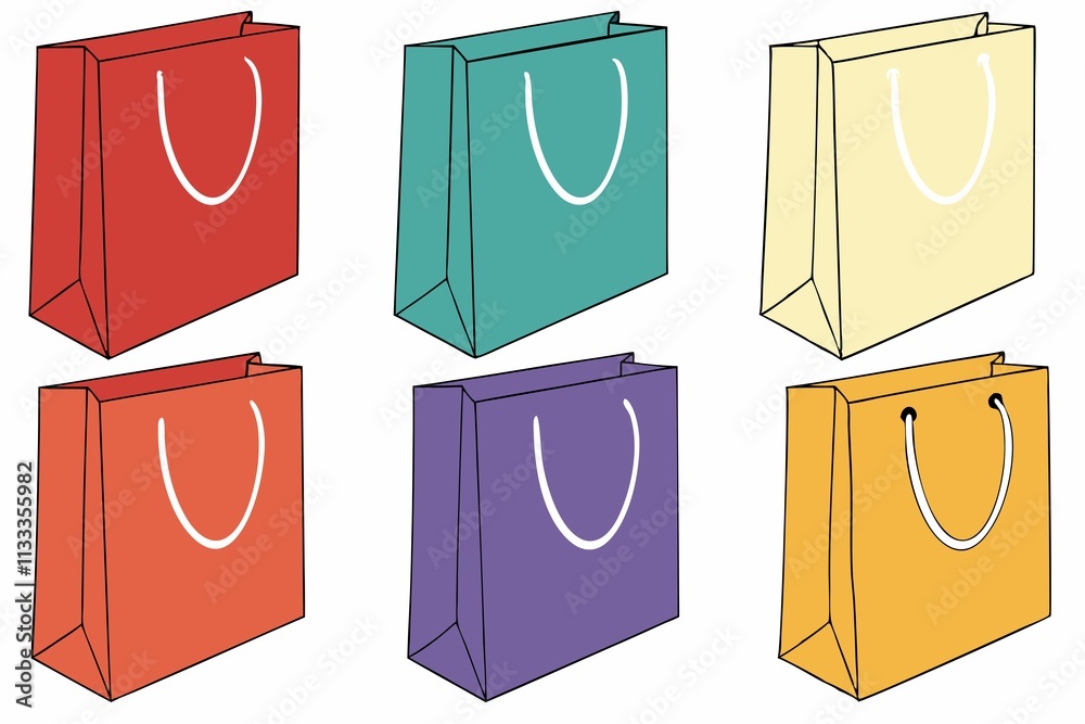 Set of same sized shopping bags in different colours, paper bags concept