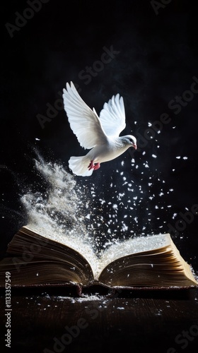 A striking image of a white dove flying upward above an open book with floating pages. Captures themes of freedom, imagination, and the magic of storytelling.. AI Generation photo