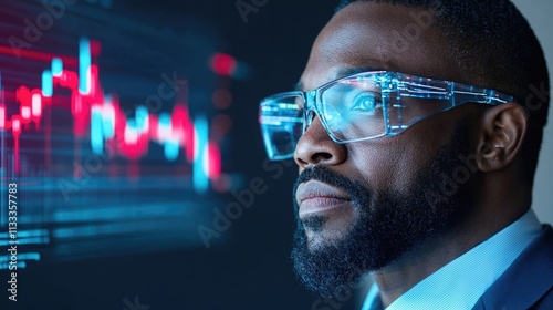 Businessman african american with Futuristic Glasses Analyzing Stock Market Data on Virtual Screen in Modern Office Environment Technology Innovation Concept with Blue and Red Tones for Finance Design