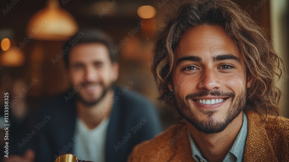 Obraz premium Two men smiling in a cafe, one in focus.
