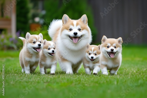 Happy pomeranian dogs playing in green grass outdoor family scene joyful atmosphere