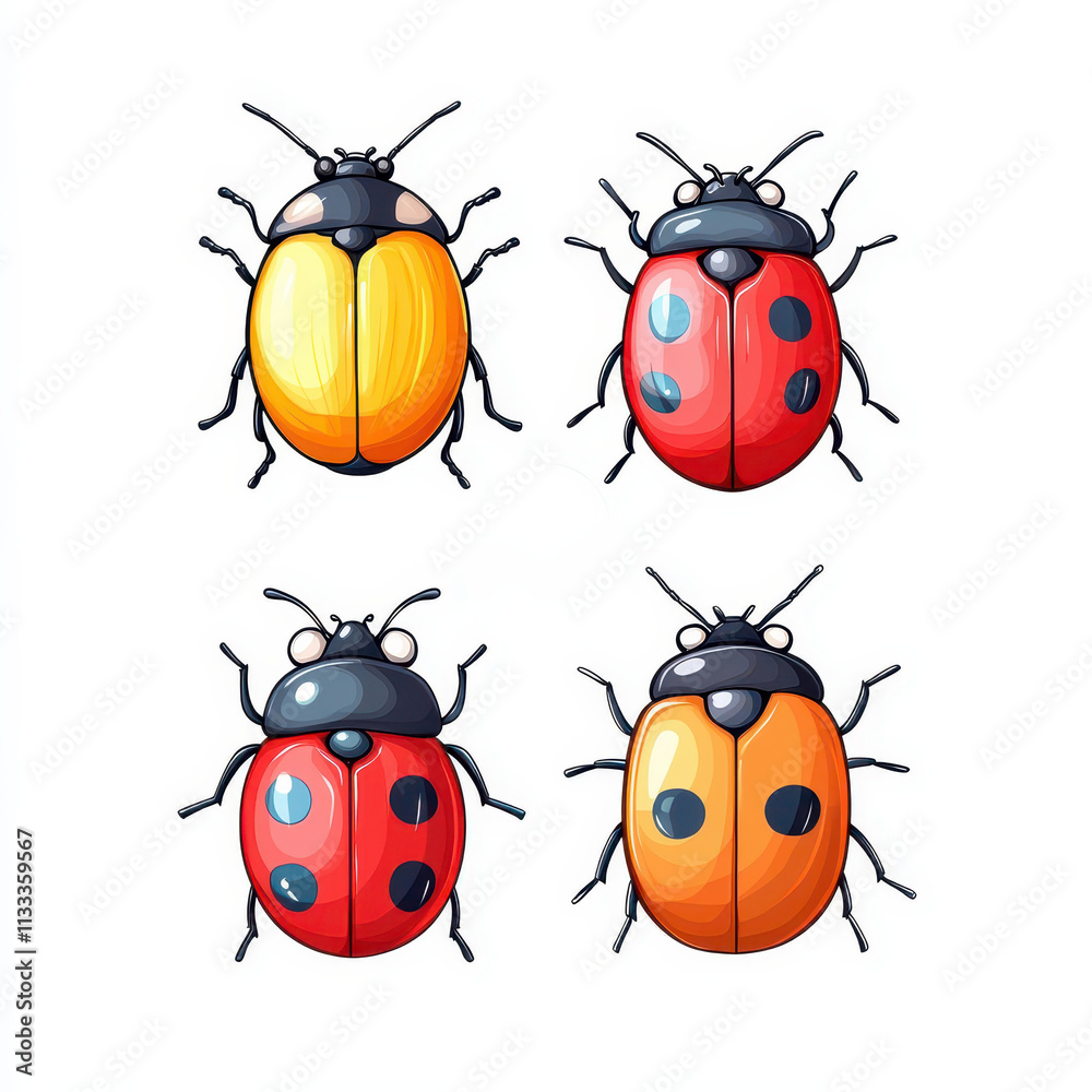 Fototapeta premium Colorful cartoon ladybugs in various designs and colors, showcasing their unique patterns and features