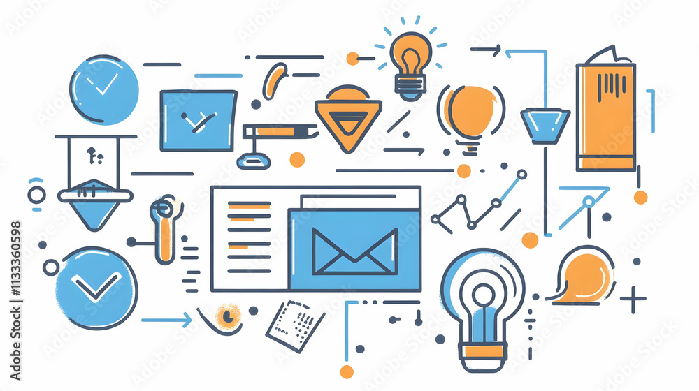 Fototapeta premium Abstract illustration depicting a process of workflow, communication, and idea generation. Clean lines and a bright color palette create a modern and engaging image.