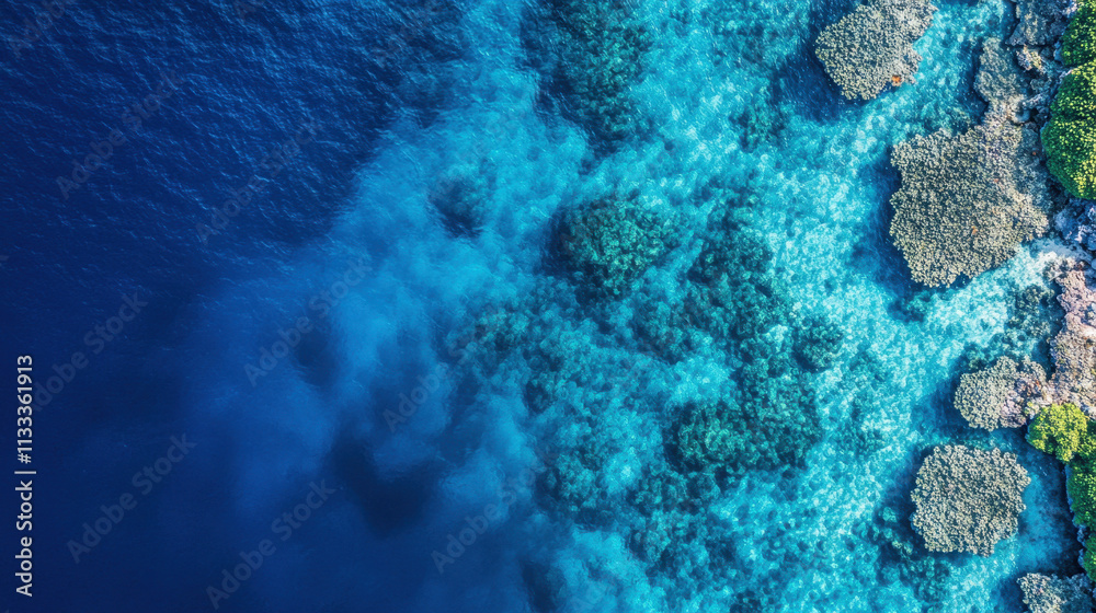Obraz premium Vibrant coral reefs and clear blue waters seen from above in a tropical coastal environment during midday sunlight