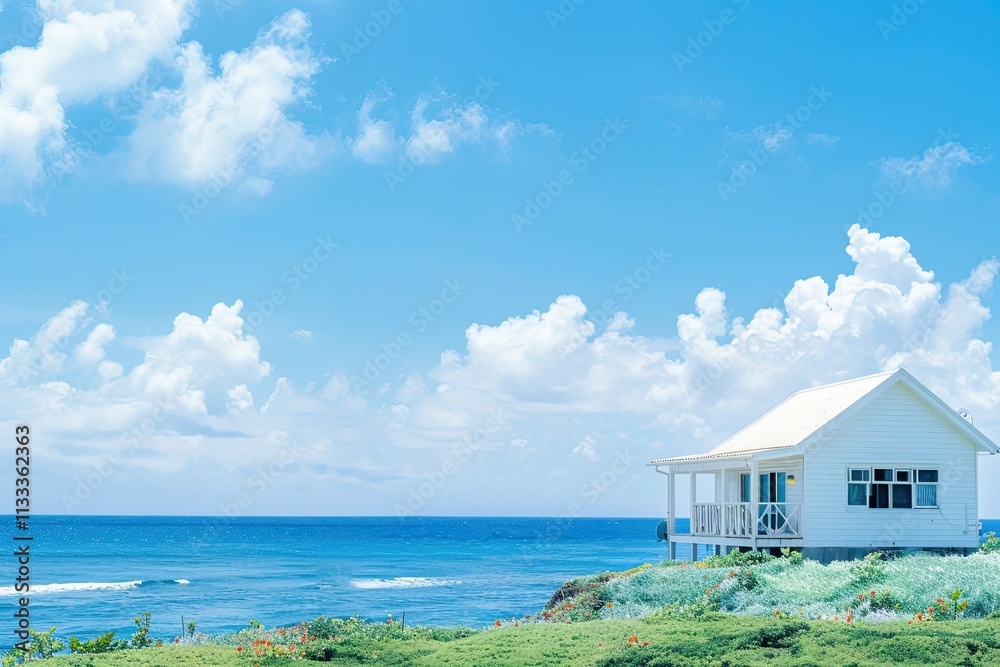 Fototapeta premium Charming white oceanfront cottage, its bright exterior standing out against the blue of the sea and sky