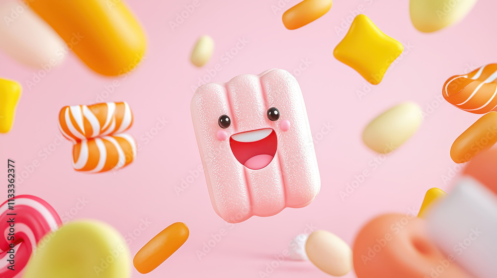 Obraz premium Cute pastel colored candies and sweets floating in playful arrangement, creating joyful atmosphere