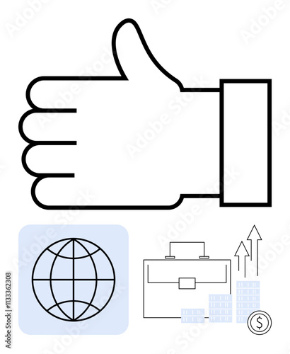 Thumbs-up hand symbolizing approval, interconnected with icons of a globe, briefcase, increasing bar chart, and currency symbol. Ideal for business, finance, success, global trade investment themes