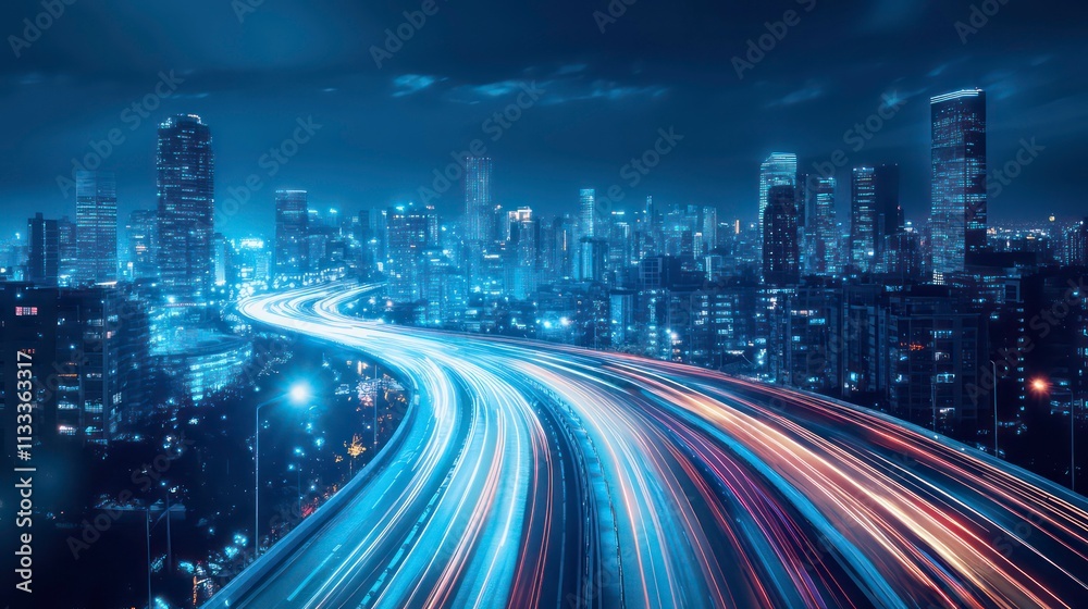 Fototapeta premium Night cityscape with illuminated highway and speeding cars.