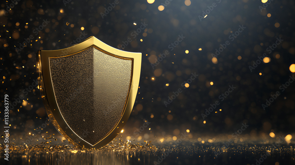 Fototapeta premium Golden shield award celebration with bokeh glittering background display on stage