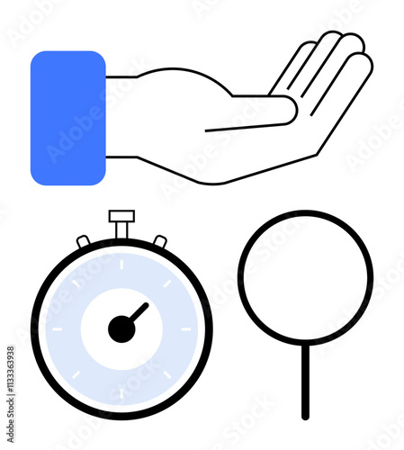 Outstretched hand stopwatch and empty circular sign. Ideal for concepts thumbs up time management, assistance, availability, waiting, anticipation, timekeeping, and readiness. Line metaphor