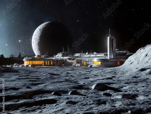 Lunar base at night with large moon.