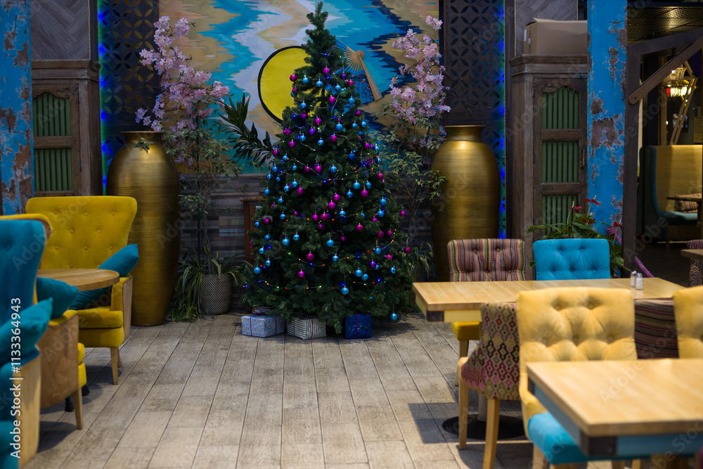 Obraz premium a modern bright restaurant with upholstered chairs. Banquet hall for the holidays