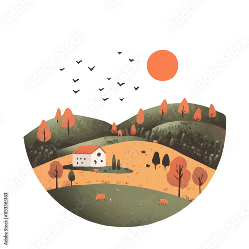Minimalist flat illustration of a farm, featuring a clean design isolated on a white background.

