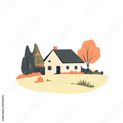 Minimalist flat illustration of a farm, featuring a clean design isolated on a white background.


