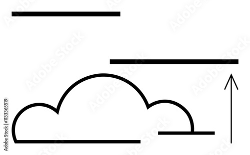 Black cloud beneath horizontal lines, with an upward arrow. Ideal for weather, growth concepts, business progress, elevation, cloud computing, aspirations goal setting. Line metaphor