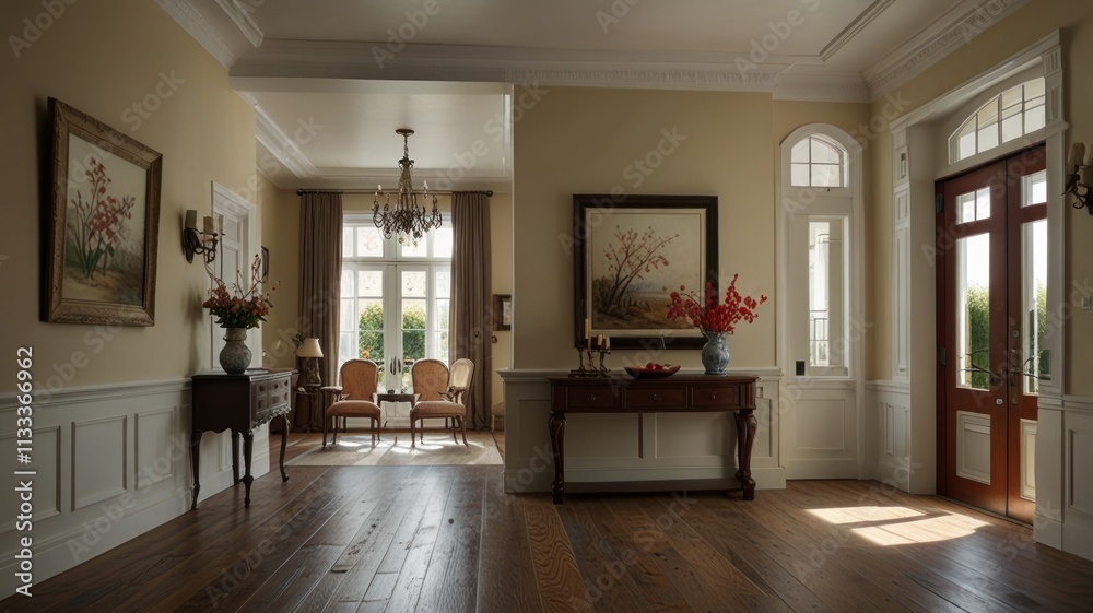 Fototapeta premium Elegant, spacious foyer with hardwood floors, light beige walls, and classic furniture.