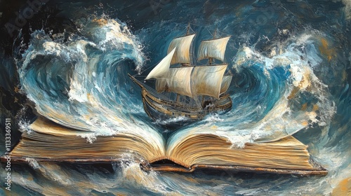 An imaginative artwork depicting a sailing ship emerging from an open book, surrounded by dynamic ocean waves, blending storytelling and adventure in a surreal composition.. AI Generation photo