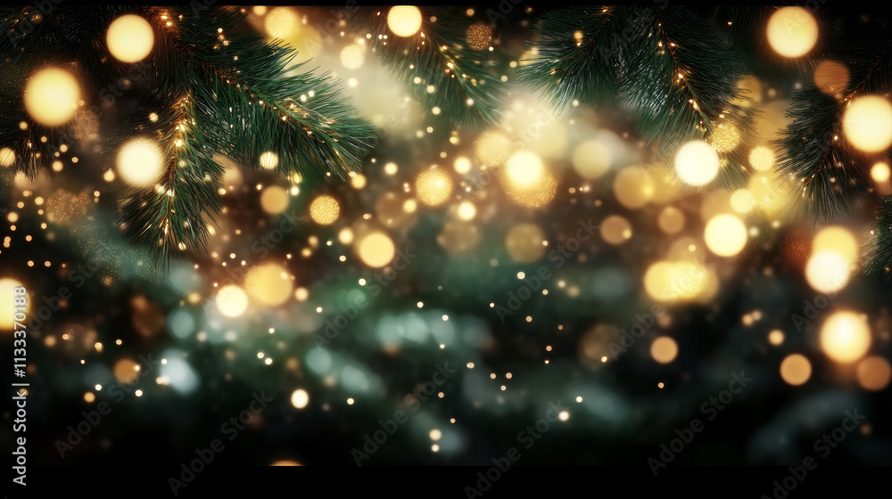Christmas tree lights and green branches with golden bokeh light effects, creating an enchanting atmosphere for festive celebrations. Christmas tree lights and green branches with golden bokeh light effects, creating an enchanting atmosphere for festive celebrations.