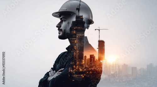 Double exposure of an engineer and city skyline, showing the building process in construction with the worker's arms crossed over their chest, wearing a helmet on a grey background photo