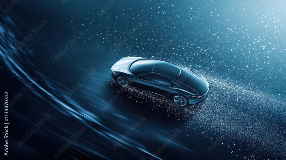 Naklejka premium Futuristic electric car speeding, particles trail.