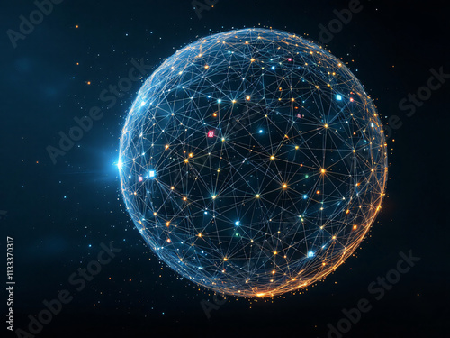 Network, Connections, Globe, Sphere, Nodes, Digital, Technology, Global, Internet, Web, Data, Communication, Lines, Dots, Glowing, Blue, Orange, Bright, Dark, High-Tech, Modern, Innovation, Virtual, I