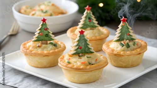 Mini chicken pot pies with Christmas tree puff pastry, Festive pot pies styled for holiday tables
