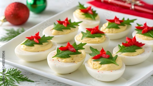 Festive deviled eggs with holly leaf garnish, Christmas-themed deviled eggs styled for holiday tables
