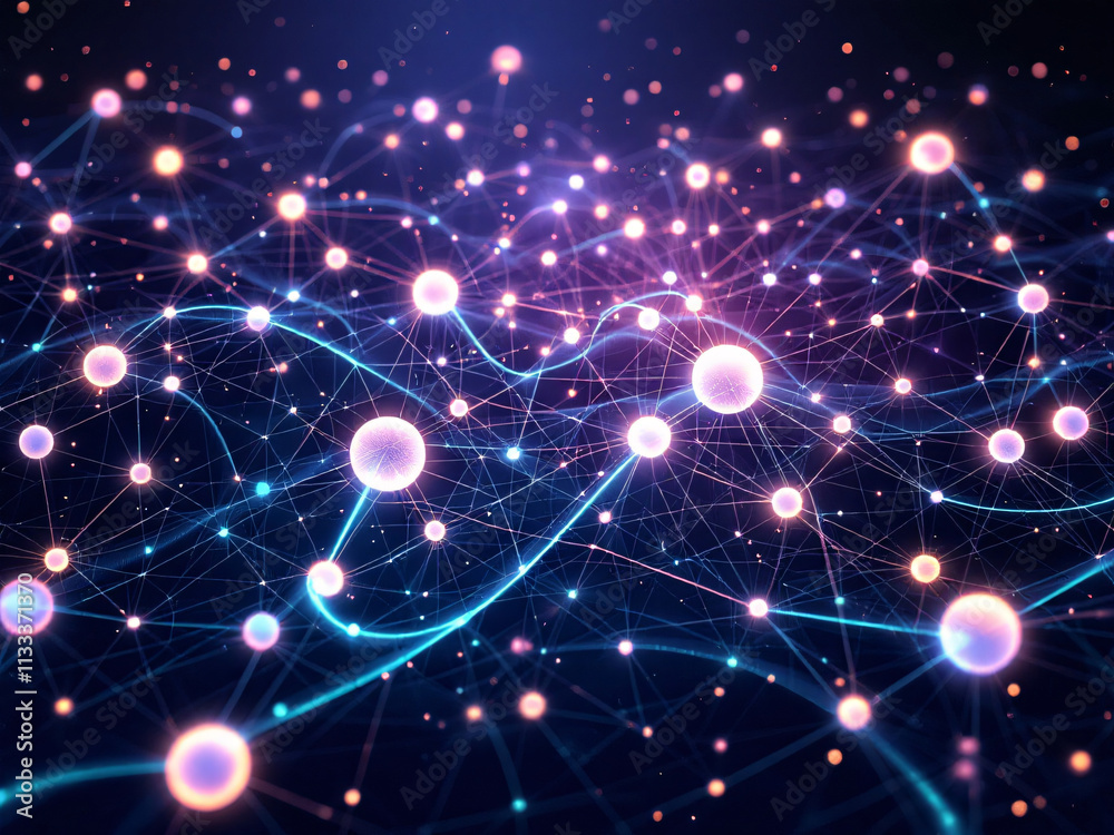 Fototapeta premium Network, Connections, Glowing, Dots, Lines, Nodes, Digital, Technology, Futuristic, Web, Internet, Data, Information, Cyberspace, Abstract, Background, Neon, Bright, Dark, Contrast, Modern, Innovative