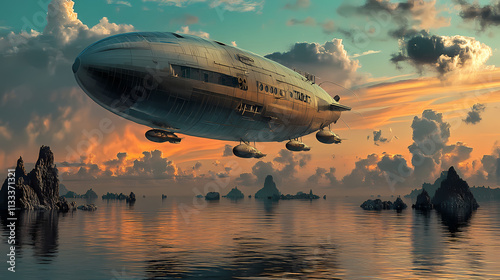 A large zeppelin is flying over a body of water,. Zeppelin. Illustration