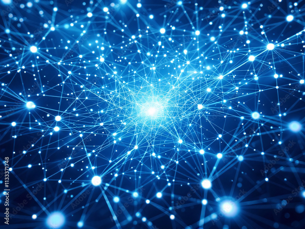 Obraz premium Network, Connections, Glowing, Dots, Lines, Nodes, Digital, Technology, Futuristic, Web, Internet, Data, Information, Cyberspace, Abstract, Background, Neon, Bright, Dark, Contrast, Modern, Innovative