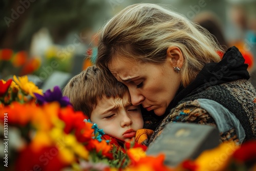 A white woman and her son stand before a tombstone in a cemetery, visiting the grave of a deceased relative, possibly the father or grandparents. photo