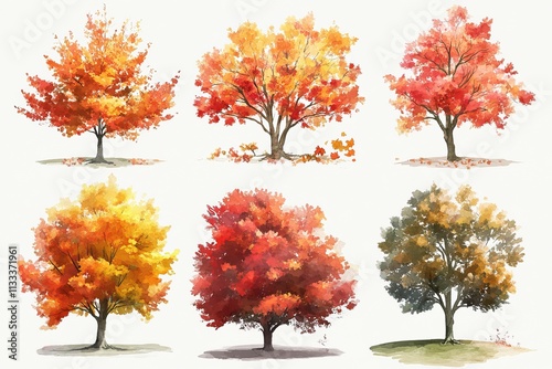 A watercolor-style illustration featuring different types of trees from both summer and autumn collections, set against a white background, created by image. photo