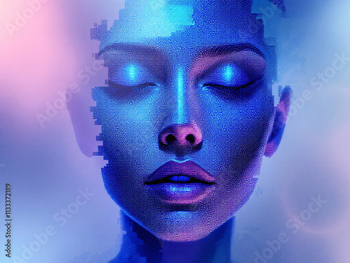 Digital, Pixelated, Head, Face, Artificial Intelligence, Technology, Futuristic, 3D Model, Disintegrating, Dissolving, Cubes, Blocks, Grid, Blue, White, Light, Shadow, Modern, Innovative, Abstract, Ge photo