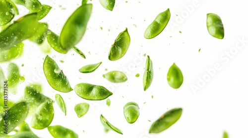 Fresh Green Edamame Beans Falling in Motion Against White Background