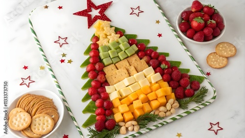 Christmas tree charcuterie board with cheeses and fruits, Festive charcuterie board styled in holiday tiers
