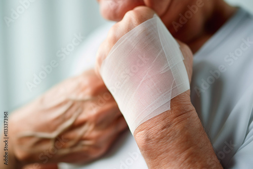 Injured wrist with medical bandage for healing of sprains, fractures, or tendonitis. photo