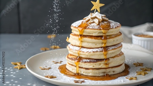 Pancake tower with syrup and edible stars, Festive pancake stack dusted with powdered sugar for Christmas

