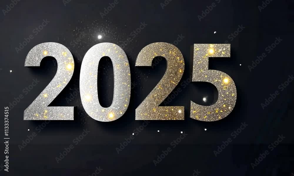 Nombre « 2025 » ornés de paillettes dorées et argentées, scintillant sur fond noir, ambiance festive pour le réveillon du Nouvel An.