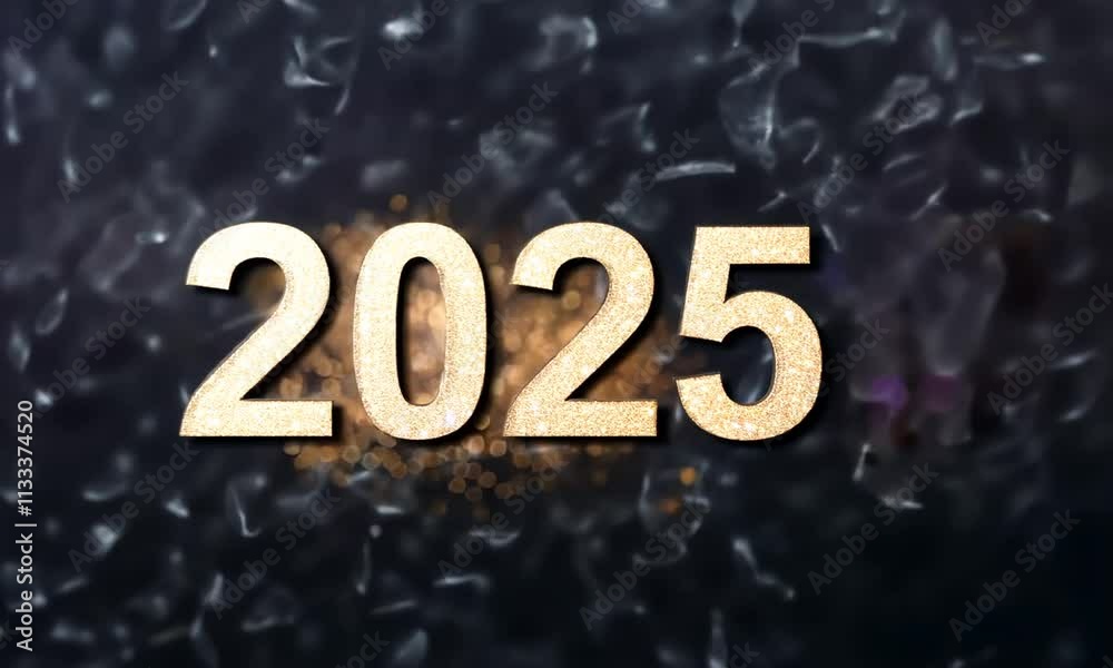 Explosion de paillettes dorées se déposant sur le nombre « 2025 » scintillant, fond noir, ambiance festive pour célébrer le Nouvel An.