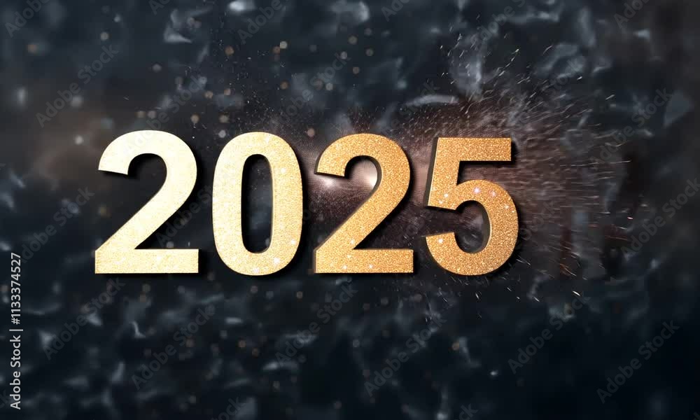 Explosion de paillettes dorées se déposant sur le nombre « 2025 » scintillant, fond noir, ambiance festive pour célébrer le Nouvel An.