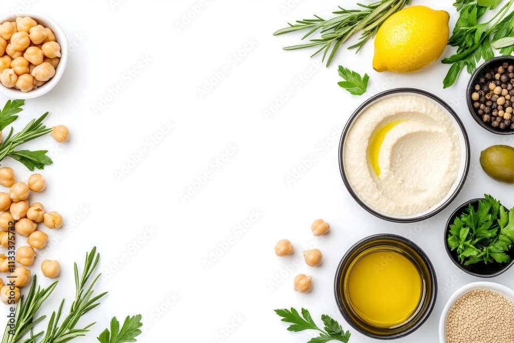 Hummus, a traditional dish from Jewish and Lebanese cuisine, is a healthy vegan legume food, depicted here in a close-up, flat lay, top-down view on a white background. Hummus, a traditional dish from Jewish and Lebanese cuisine, is a healthy vegan legume food, depicted here in a close-up, flat lay, top-down view on a white background.