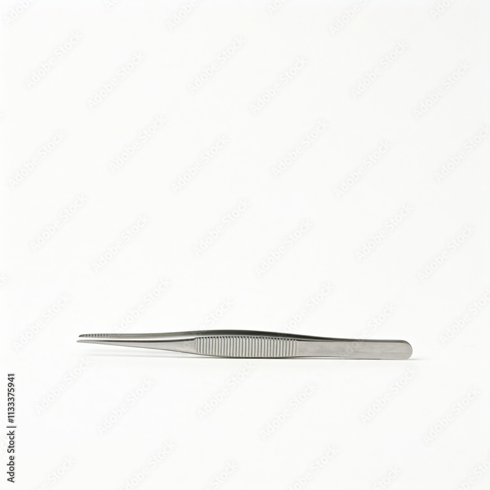 Fototapeta premium isolate tweezers on white background, Dentist tools, you cando it transparent, Little metal hair tweezers isolated over white background, a Medical image of metallic tweezers close-up, realistic metal