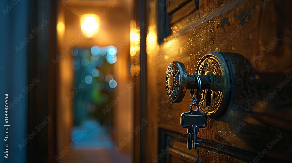 Obraz premium Antique Key in Ornate Door Lock at Night, Warm Interior Lighting