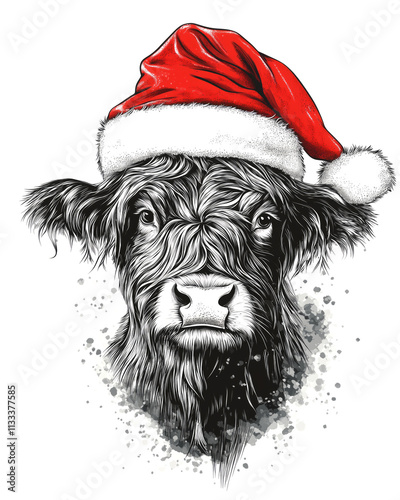 Festive black Highland cow in a red Santa hat with splattered artistic background. Holiday charm and Christmas cheer