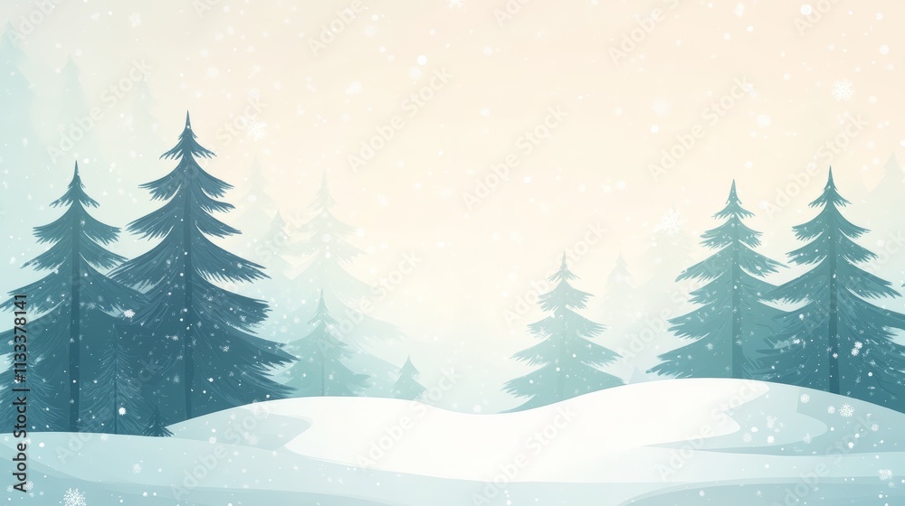 Fototapeta premium Snowy Winter Landscape with Pine Trees and Falling Snowflakes.