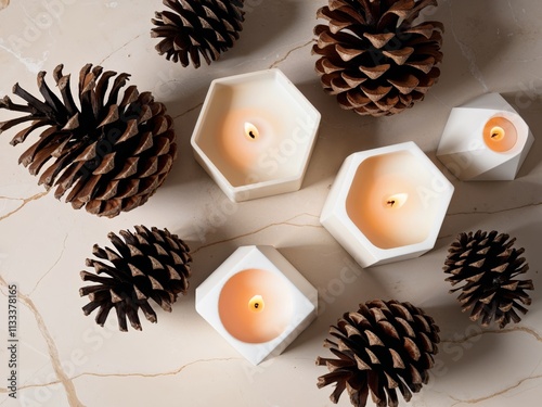 Festive Beige Marble Background with Pine Cones Geometric Candles photo