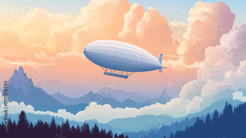 Dirigible. aerostat and balloon in sky. blimp airship in flight. Zeppelin. Illustration