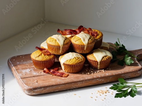 A wooden cutting board topped with muffins covered in bacon and cheese